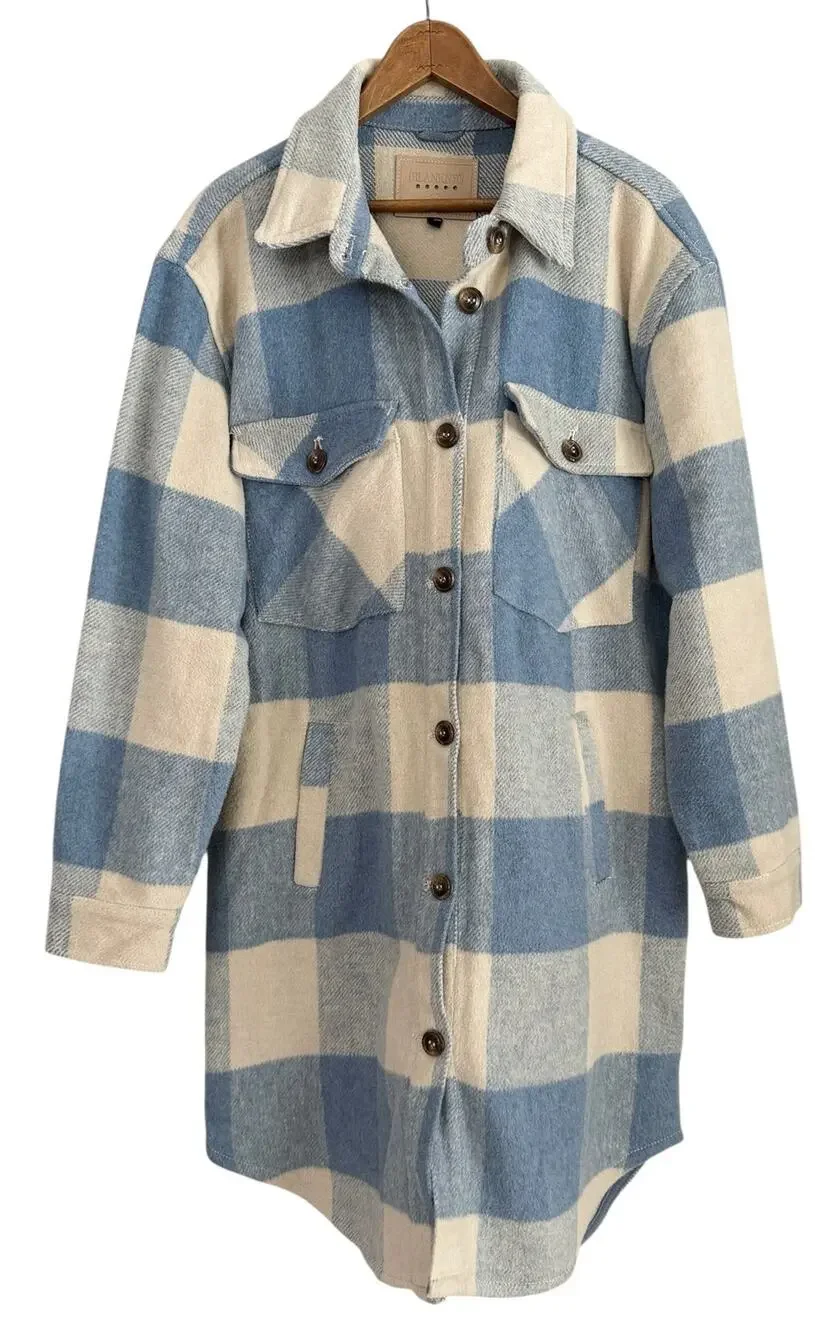 BlankNYC Medium Blue & Ivory Plaid Shacket Longline Button Front Jacket Coat